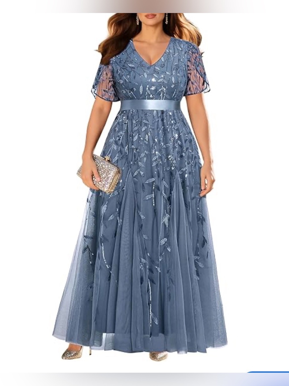 Embroidered V-Neck Maxi Dress in Dusty Blue with Satin Waistband
